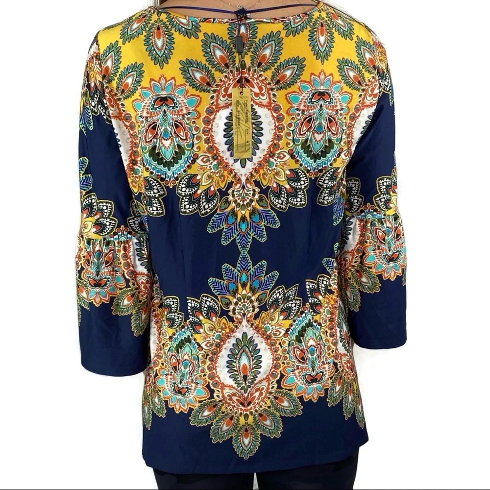 NWT Melissa Paige Boho Floral Peacock Top With Bell Sleeves Medium